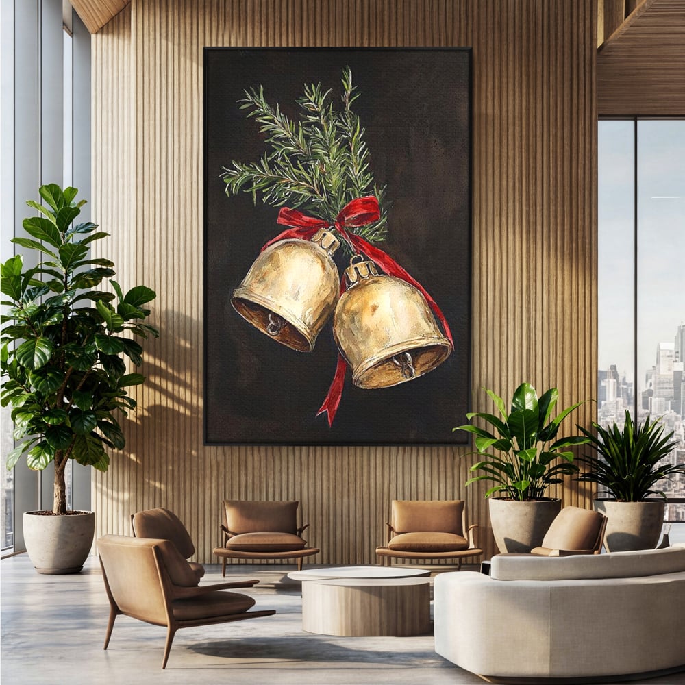 Tablou canvas cu tablou canvas cu clopotei de craciun, in rama de aluminiu negru, pe perete intr-un birou